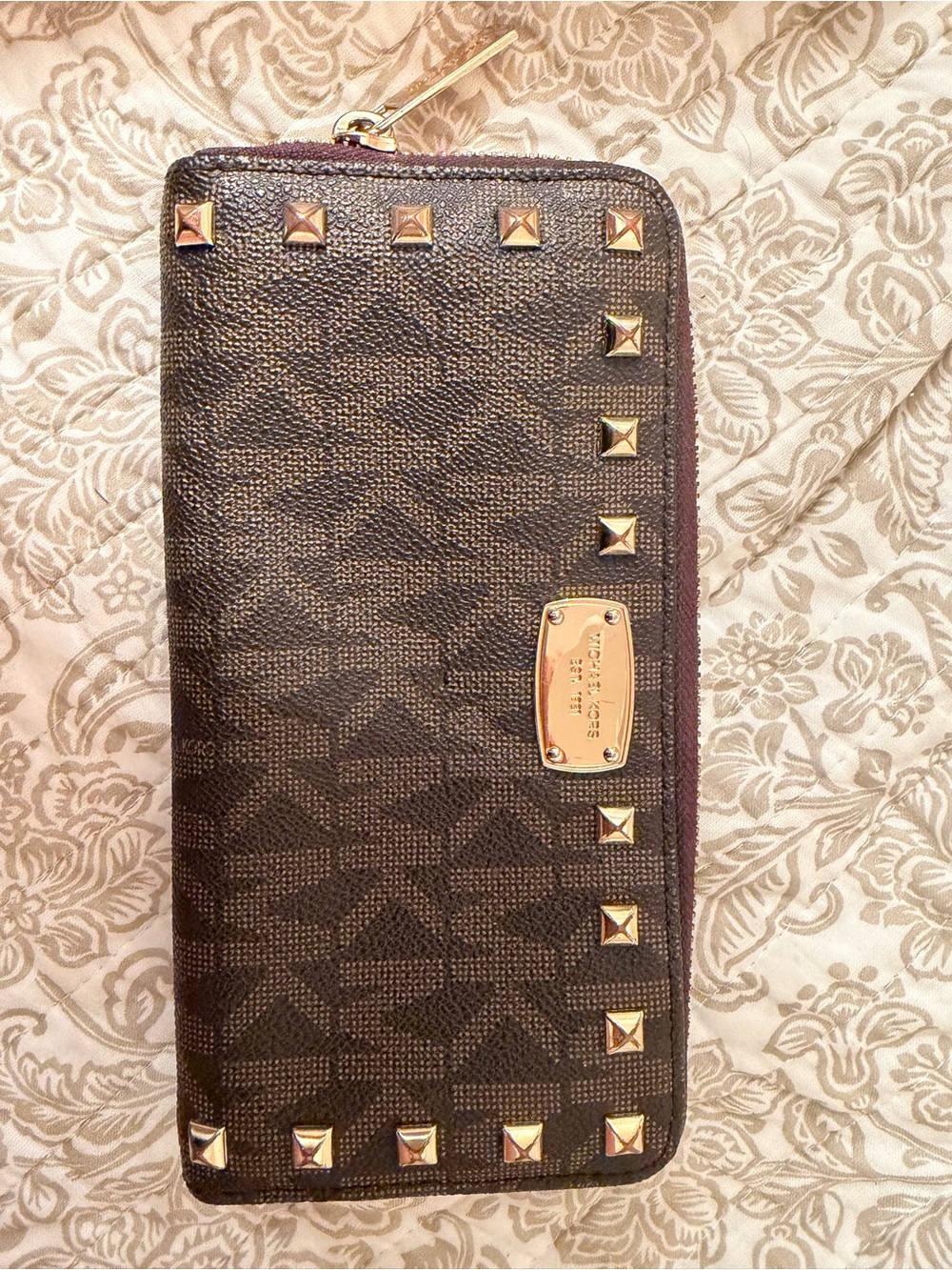 Michael Kors Brown Logo Zip Wallet with Gold Stud Accents